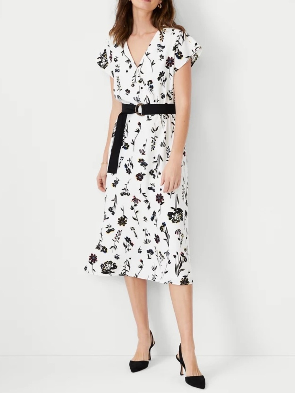Ann Taylor White Floral V-Neck Midi Dress with Black Belt Size M